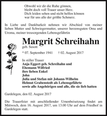 Traueranzeige von Margrit Schreihahn (geb. Susott)  von Magdeburger Volksstimme