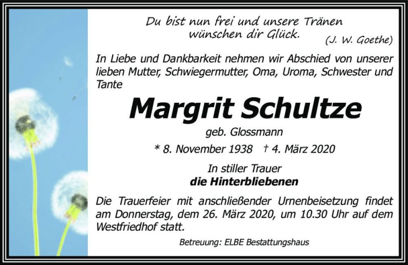  Traueranzeige für Margrit Schultze (geb. Glossmann)  vom 14.03.2020 aus Magdeburger Volksstimme