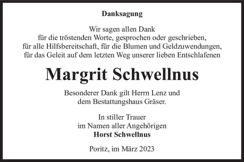  Traueranzeige für Margrit Schwellnus  vom 07.03.2023 aus Magdeburger Volksstimme
