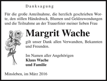 Traueranzeige von Margrit Wache  von Magdeburger Volksstimme