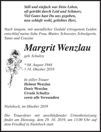Traueranzeige von Margrit Wenzlau (geb. Schultze)  von Magdeburger Volksstimme