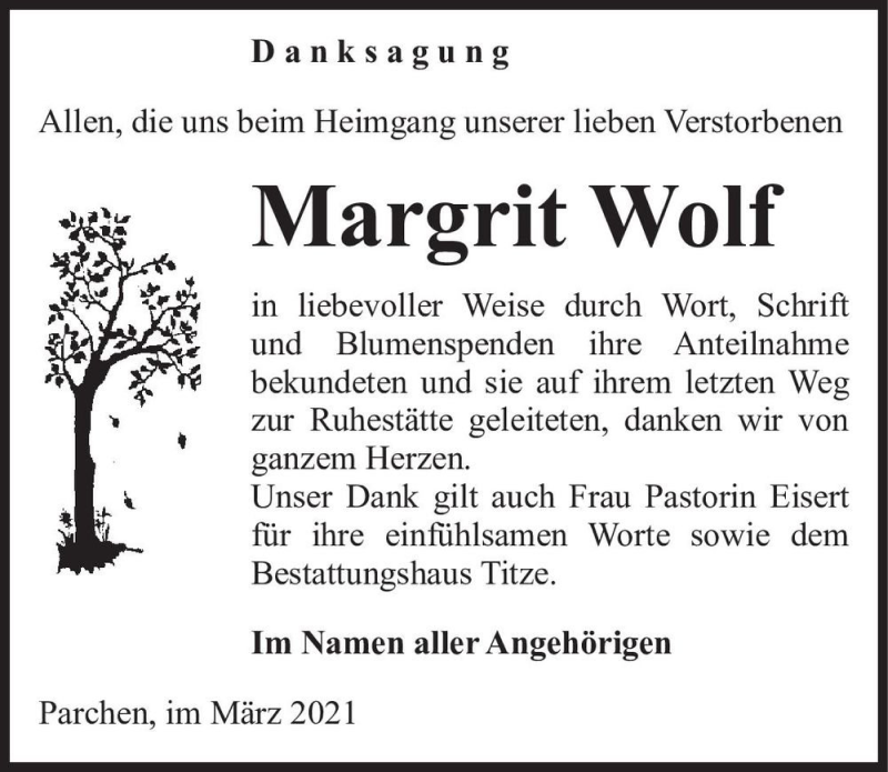  Traueranzeige für Margrit Wolf  vom 06.03.2021 aus Magdeburger Volksstimme
