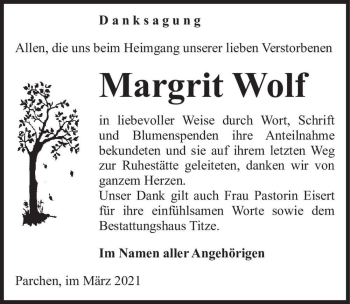 Traueranzeige von Margrit Wolf  von Magdeburger Volksstimme