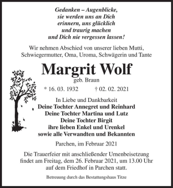 Traueranzeige von Margrit Wolf (geb. Braun)  von Magdeburger Volksstimme