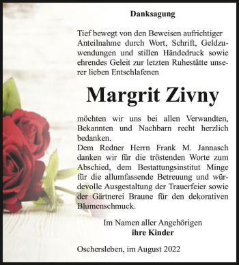 Traueranzeige von Margrit Zivny  von Magdeburger Volksstimme