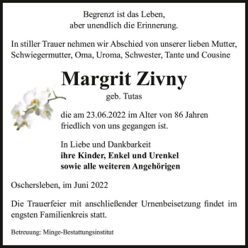 Traueranzeige von Margrit Zivny (geb. Tutas)  von Magdeburger Volksstimme