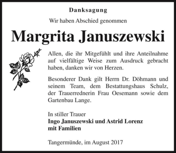 Traueranzeige von Margrita Januszewski  von Magdeburger Volksstimme