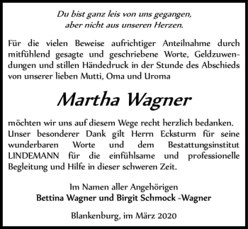 Traueranzeige von Marha Wagner  von Magdeburger Volksstimme