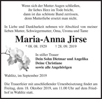 Traueranzeige von Maria-Anna Jirse  von Magdeburger Volksstimme