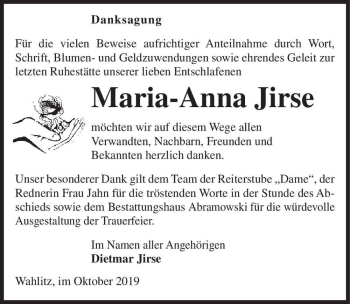 Traueranzeige von Maria-Anna Jirse  von Magdeburger Volksstimme