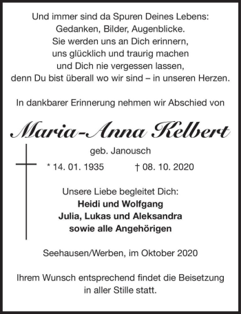 Traueranzeige von Maria-Anna Kelbert (geb. Janousch)  von Magdeburger Volksstimme