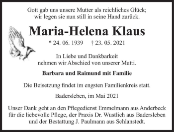 Traueranzeige von Maria-Helena Klaus  von Magdeburger Volksstimme