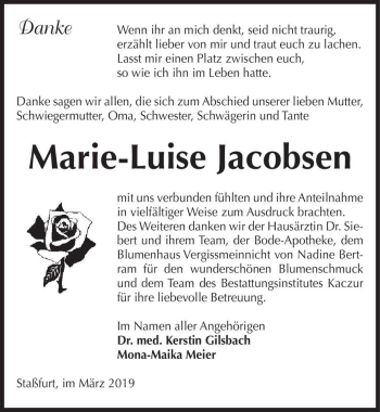 Traueranzeige von Maria-Luise Jacobsen  von Magdeburger Volksstimme