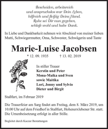 Traueranzeige von Maria-Luise Jacobsen  von Magdeburger Volksstimme