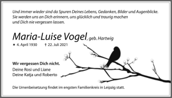 Traueranzeige von Maria-Luise Vogel (geb. Hartwig)  von Magdeburger Volksstimme