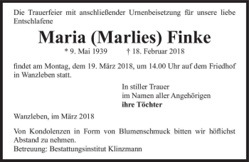 Traueranzeige von Maria (Marlies) Finke  von Magdeburger Volksstimme