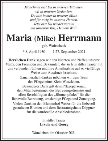 Traueranzeige von Maria (Mike) Herrmann (geb. Woitscheck)  von Magdeburger Volksstimme