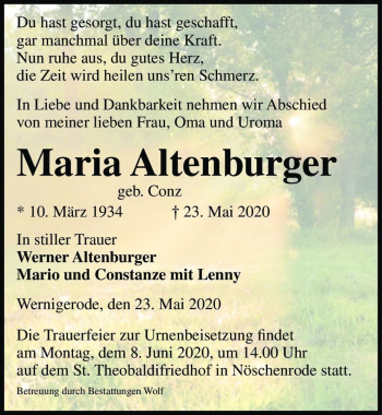 Traueranzeige von Maria Altenburger (geb. Conz)  von Magdeburger Volksstimme