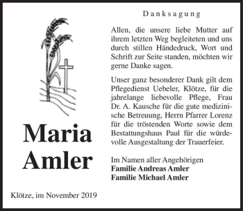 Traueranzeige von Maria Amler  von Magdeburger Volksstimme