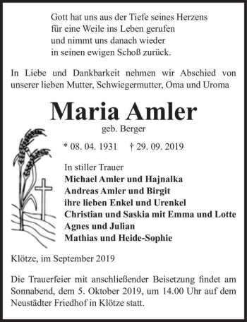 Traueranzeige von Maria Amler (geb. Berger)  von Magdeburger Volksstimme