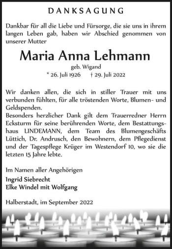 Traueranzeige von Maria Anna Lehmann (geb. Wigand)  von Magdeburger Volksstimme