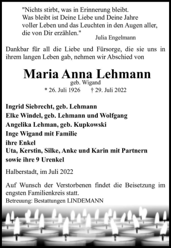 Traueranzeige von Maria Anna Lehmann (geb. Wigand)  von Magdeburger Volksstimme