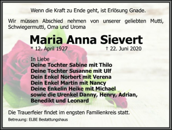 Traueranzeige von Maria Anna Sievert  von Magdeburger Volksstimme