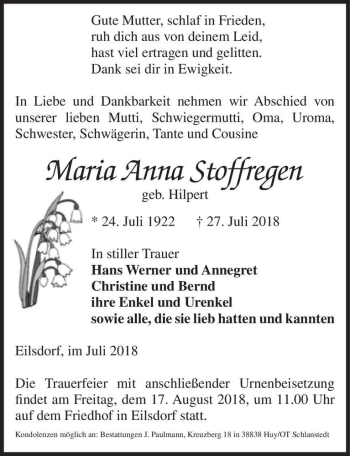 Traueranzeige von Maria Anna Stoffregen (geb. Hilpert)  von Magdeburger Volksstimme