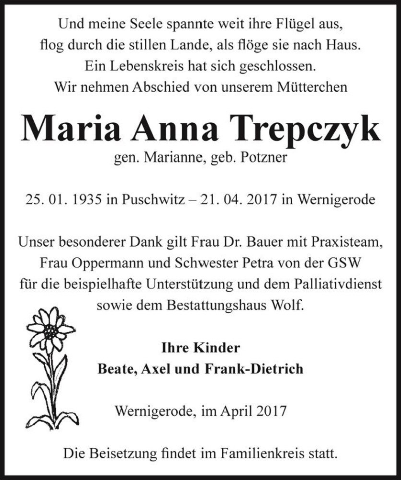  Traueranzeige für Maria Anna Trepczyk (gen. Marianne, geb. Potzner)  vom 25.04.2017 aus Magdeburger Volksstimme