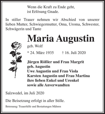 Traueranzeige von Maria Augustin (geb. Wolf)  von Magdeburger Volksstimme