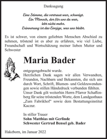 Traueranzeige von Maria Bader  von Magdeburger Volksstimme