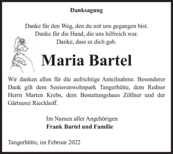 Traueranzeige von Maria Bartel  von Magdeburger Volksstimme