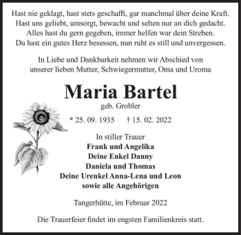 Traueranzeige von Maria Bartel (geb. Grobler)  von Magdeburger Volksstimme