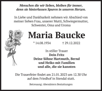 Traueranzeige von Maria Baucke  von Magdeburger Volksstimme