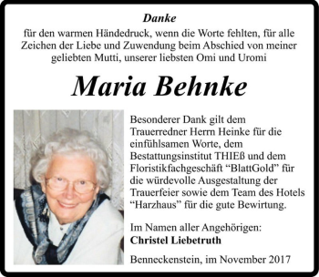 Traueranzeige von Maria Behnke  von Magdeburger Volksstimme