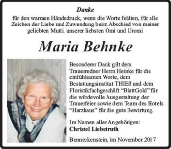 Traueranzeige von Maria Behnke  von Magdeburger Volksstimme
