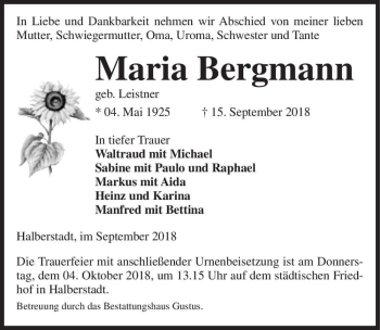 Traueranzeige von Maria Bergmann (geb. Leistner)  von Magdeburger Volksstimme