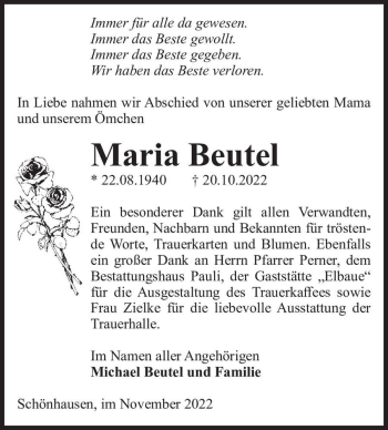 Traueranzeige von Maria Beutel  von Magdeburger Volksstimme