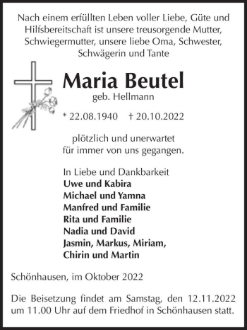 Traueranzeige von Maria Beutel (geb. Hellmann)  von Magdeburger Volksstimme
