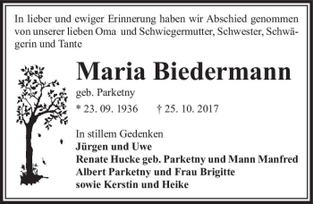 Traueranzeige von Maria Biedermann (geb. Parketny)  von Magdeburger Volksstimme