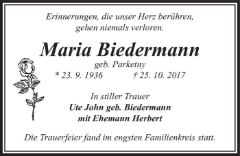Traueranzeige von Maria Biedermann (geb. Parketny)  von Magdeburger Volksstimme
