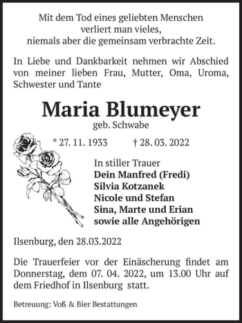 Traueranzeige von Maria Blumeyer (geb. Schwabe)  von Magdeburger Volksstimme