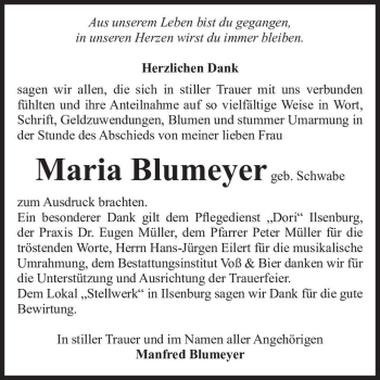Traueranzeige von Maria Blumeyer (geb. Schwabe)  von Magdeburger Volksstimme