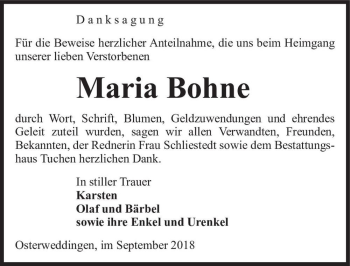 Traueranzeige von Maria Bohne  von Magdeburger Volksstimme