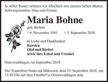 Traueranzeige von Maria Bohne (geb. Richter)  von Magdeburger Volksstimme