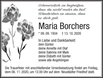 Traueranzeige von Maria Borchers  von Magdeburger Volksstimme