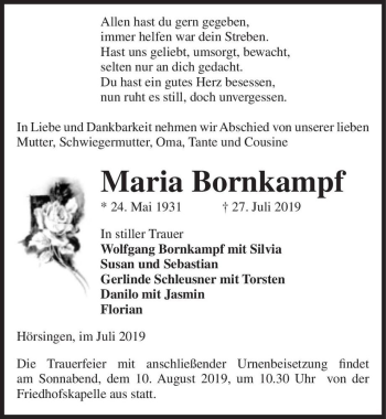 Traueranzeige von Maria Bornkampf  von Magdeburger Volksstimme