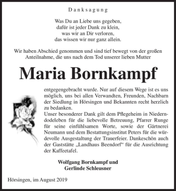 Traueranzeige von Maria Bornkampf  von Magdeburger Volksstimme