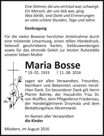 Traueranzeige von Maria Bosse  von Magdeburger Volksstimme