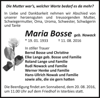Traueranzeige von Maria Bosse (geb. Nowack)  von Magdeburger Volksstimme
